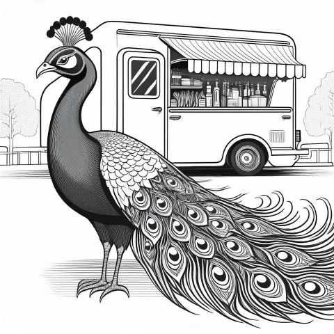 Peacock standing in front of a food truck