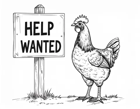 A black and white line art drawing of a chicken next to a help wanted sign