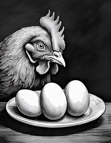Chicken standing near plate holding three eggs