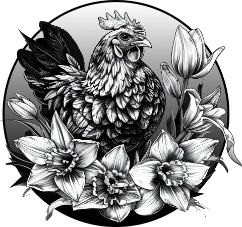 Chicken surrounded by lilies and tulips.