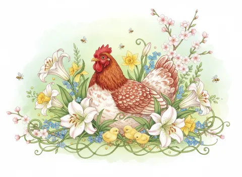 Colorful image of a chicken nesting in the middle of lilies and daffodils.