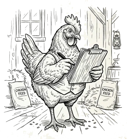A line art drawing of a chicken with a clipboard.