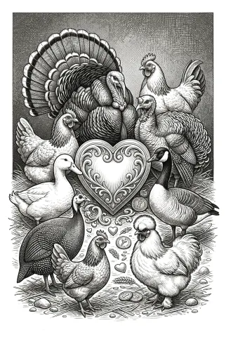 Various poultry gathered around a heart