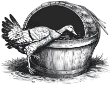 Generate image of a duck jumping in a barrel of water.
