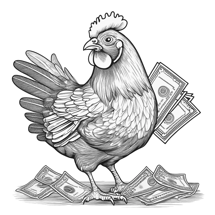 Line art drawing of a chicken holding money