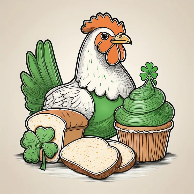 A line art drawing of a chicken with a shamrock, a cupcake, and a loaf of bread