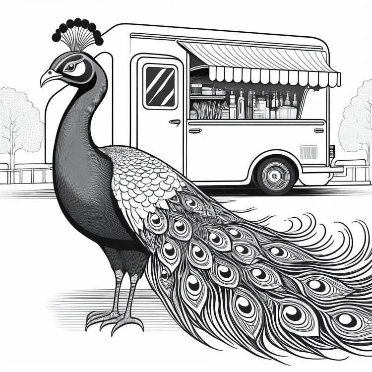 Peacock standing in front of a food truck