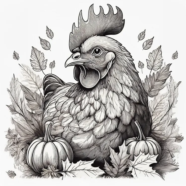Chicken nesting surrounded by leaves with pumpkins in the foreground