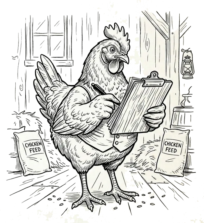 A line art drawing of a chicken with a clipboard.
