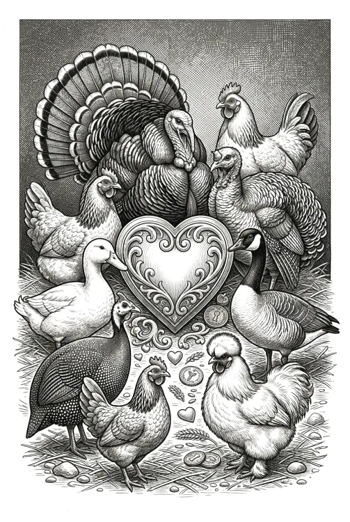 Various poultry gathered around a heart